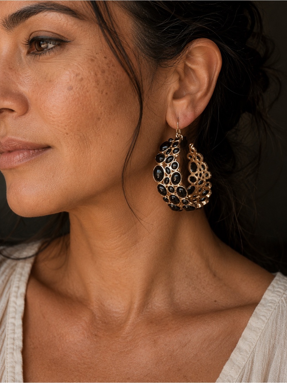Black Onyx Cabochon Hoop Earrings Y2K Gold Tone Statement